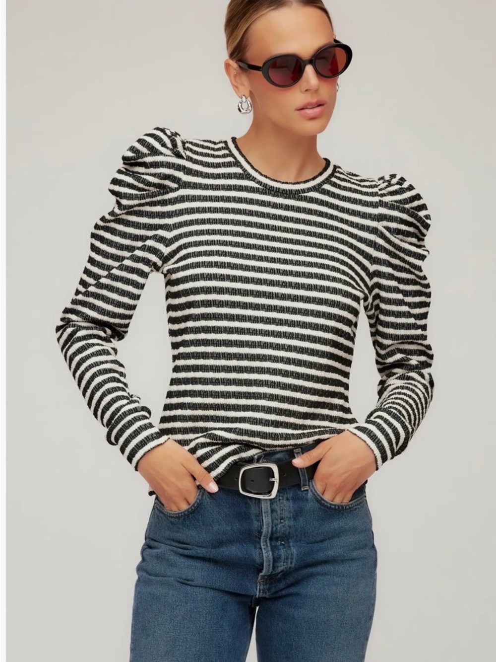 Rebecca Minkoff Black & White Striped Puff-Sleeve Crewneck
